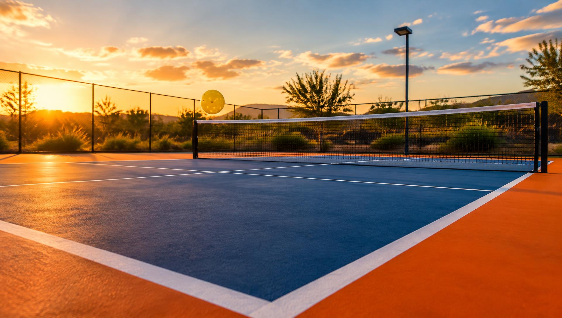 Nieuwe pickleballbaan bij zonsondergang